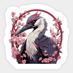 Red Crowned Crane in Cherry Blossum Sticker